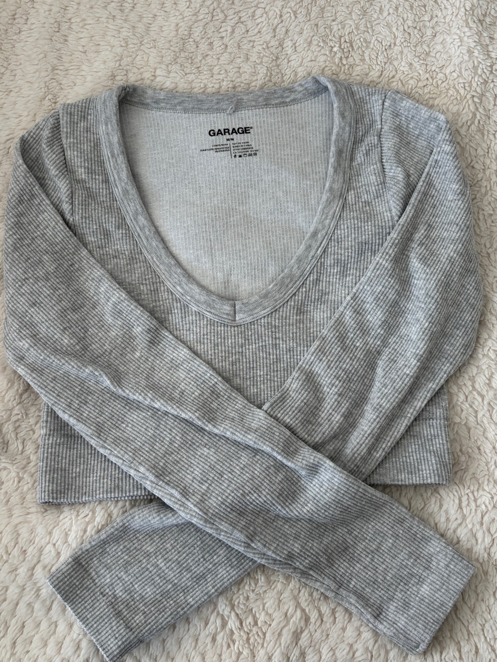 Garage Light Gray Ribbed Scoop Neck Long Sleeve Top